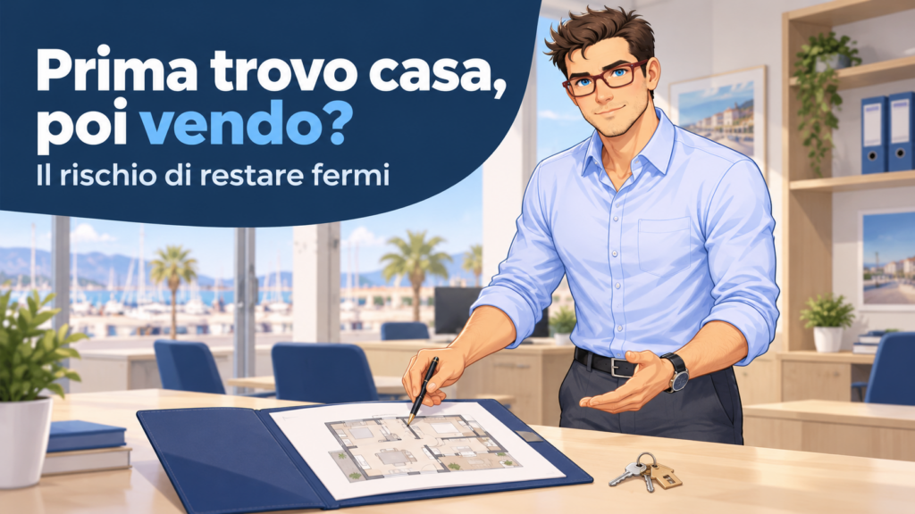 Illustrazione di Tiziano Baroni in camicia azzurra che indica una planimetria in ufficio, accanto al titolo “Prima trovo casa, poi vendo?”.