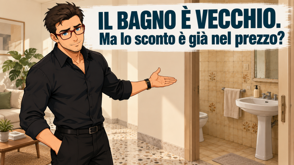 Illustrazione di Tiziano Baroni che indica un bagno datato e invita a capire se i lavori sono già considerati nel prezzo.